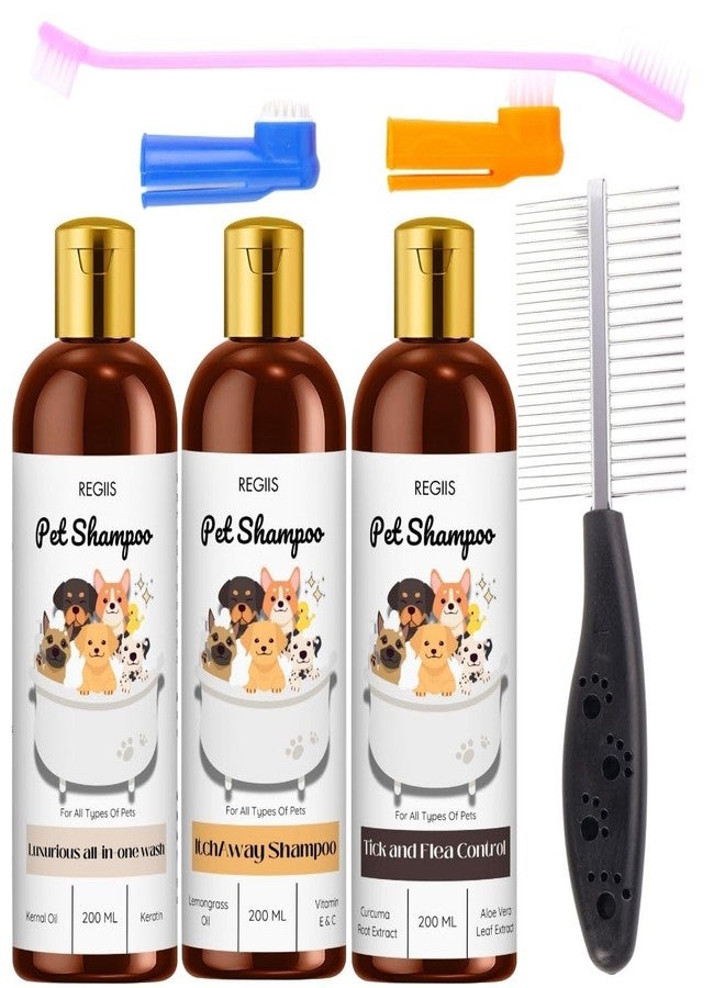 مجموعة شامبو ريجيس للحيوانات الأليفة مع مشط، غسول شامل، للتحكم في الحكة، ومكافحة البراغيث، 200 مل، عبوة من 5 قطع